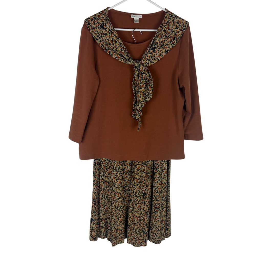Bechamel Women's Large 2-Piece Skirt Set Rust Floral Tie Neck Top Maxi Skirt
